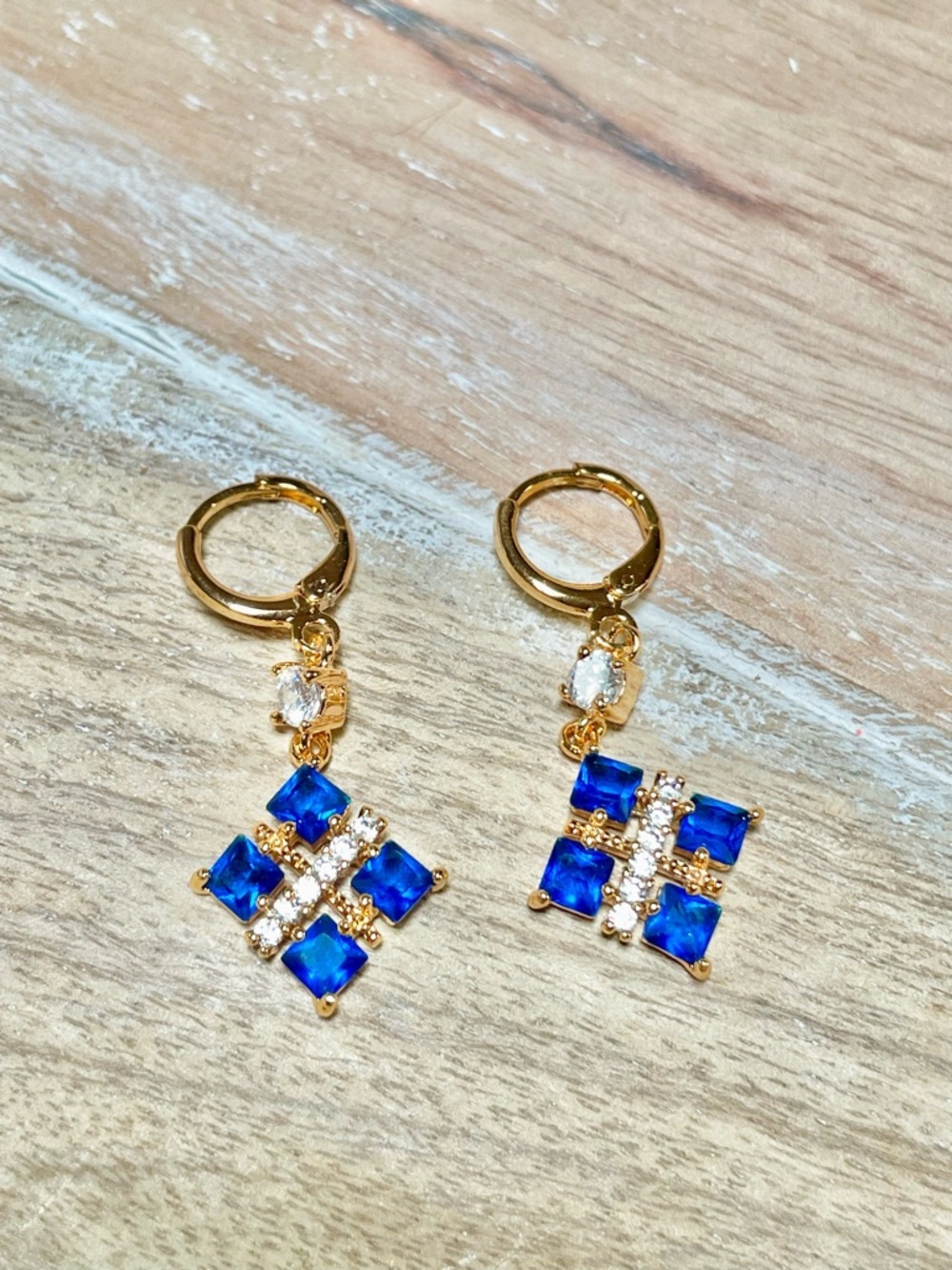 Gold-Tone Small Blue Crystal Dangle Earrings